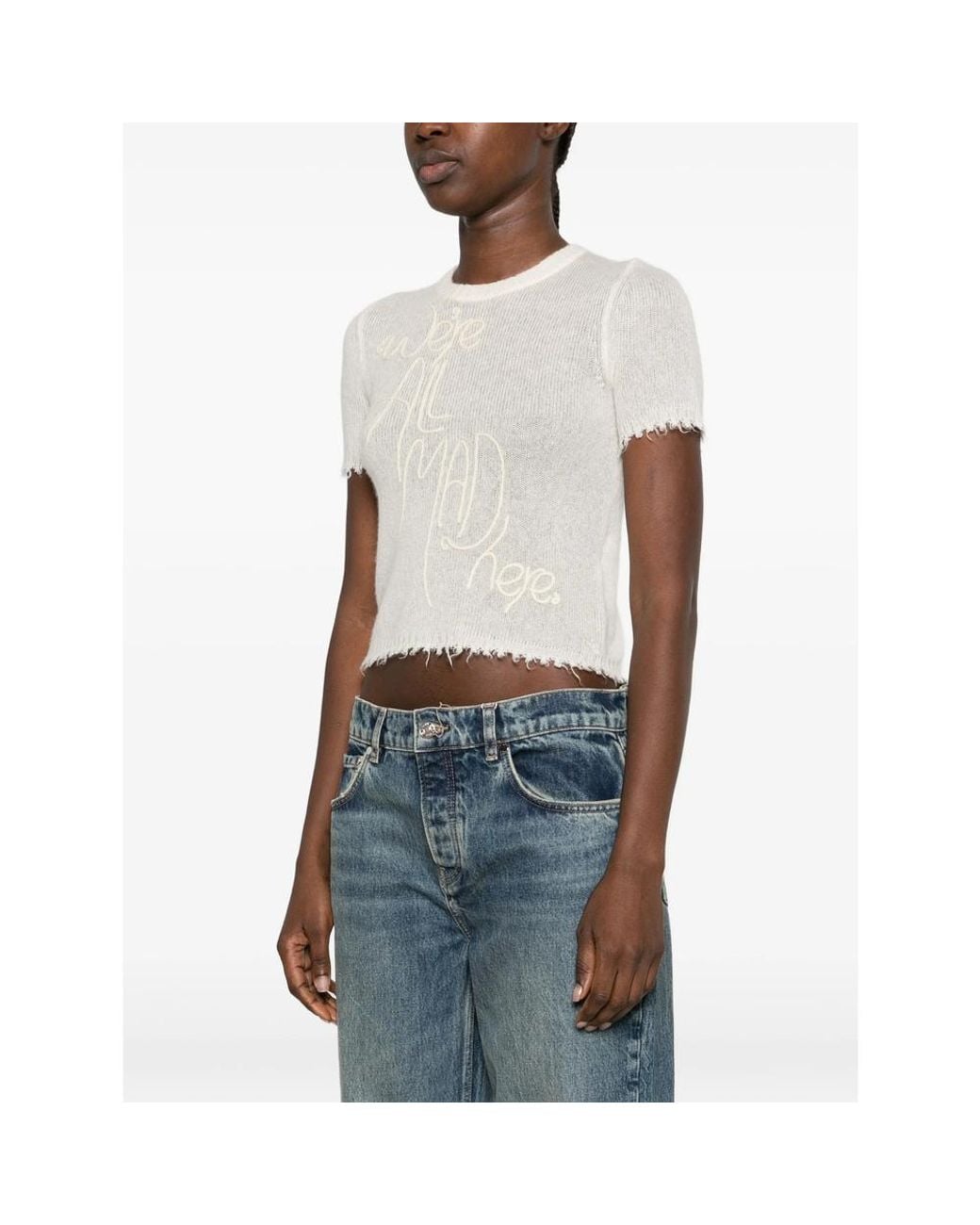 Re/done White Embroidered Distressed T-Shirt