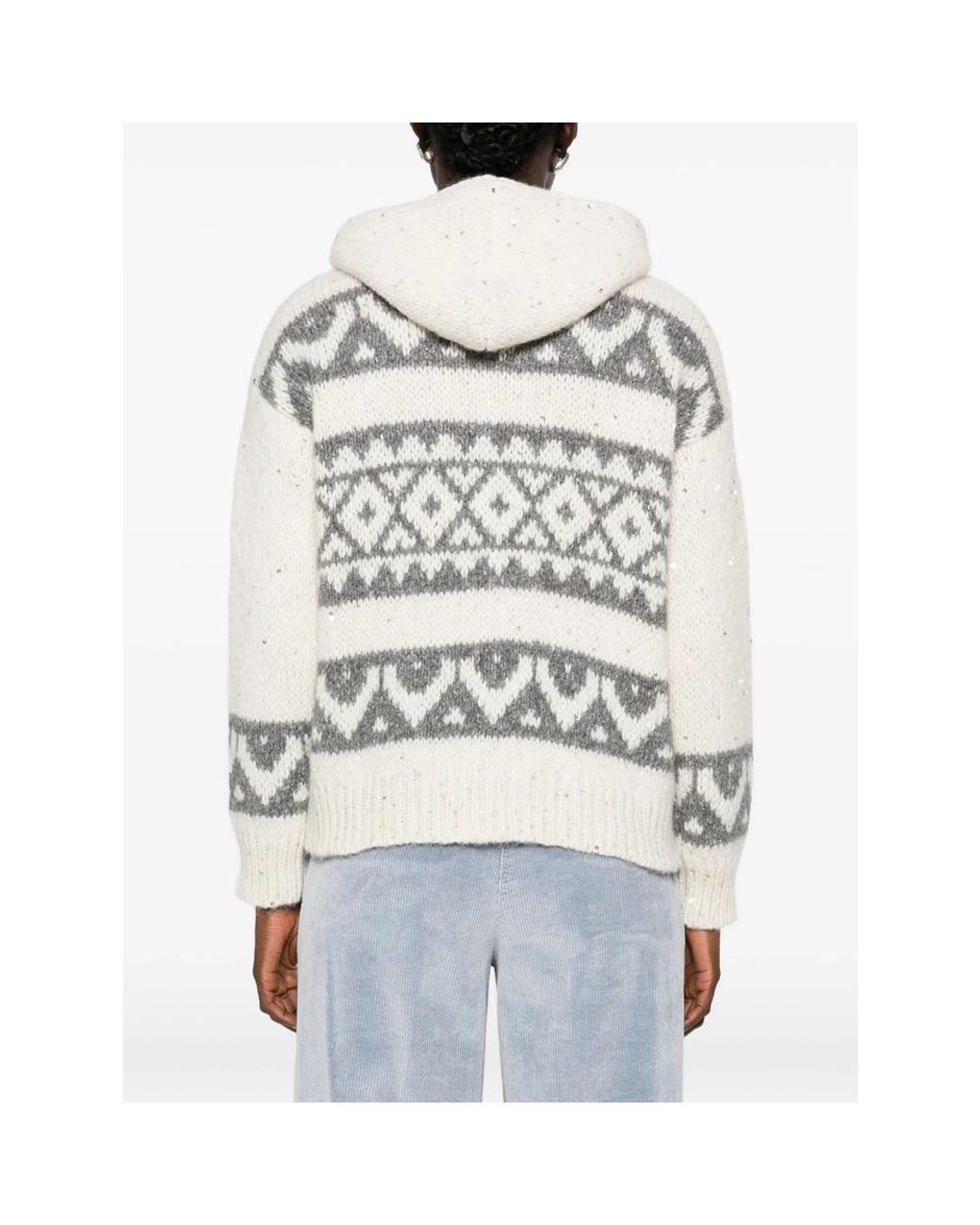 Peserico White Fair Isle-Knit Zip-Up Hoodie