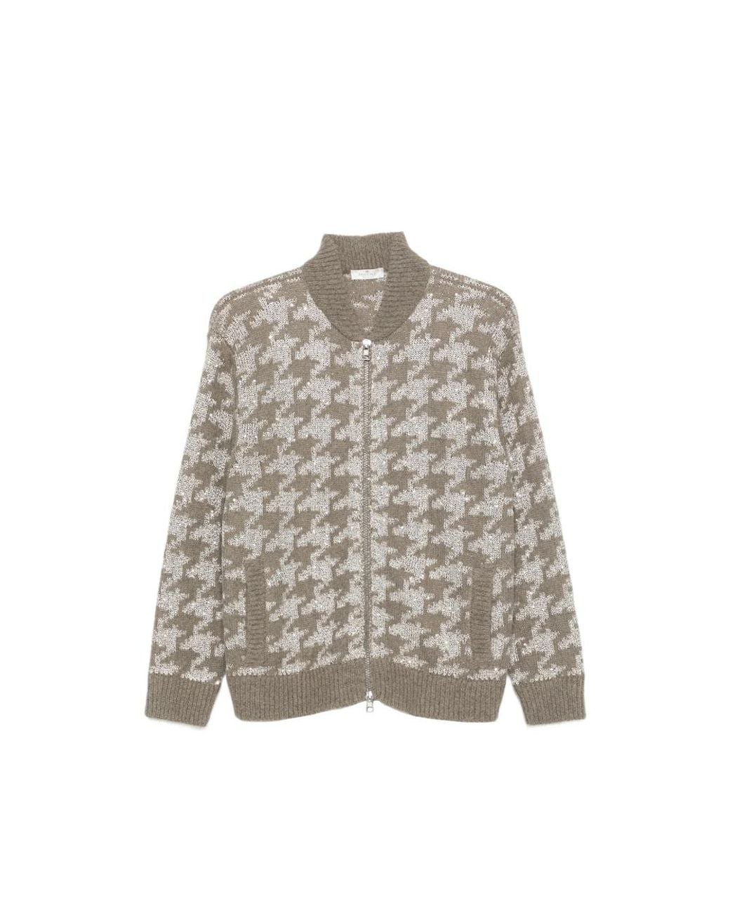 Panicale Cashmere Gray Houndstooth-Pattern Sequin-Embellished Cardigan