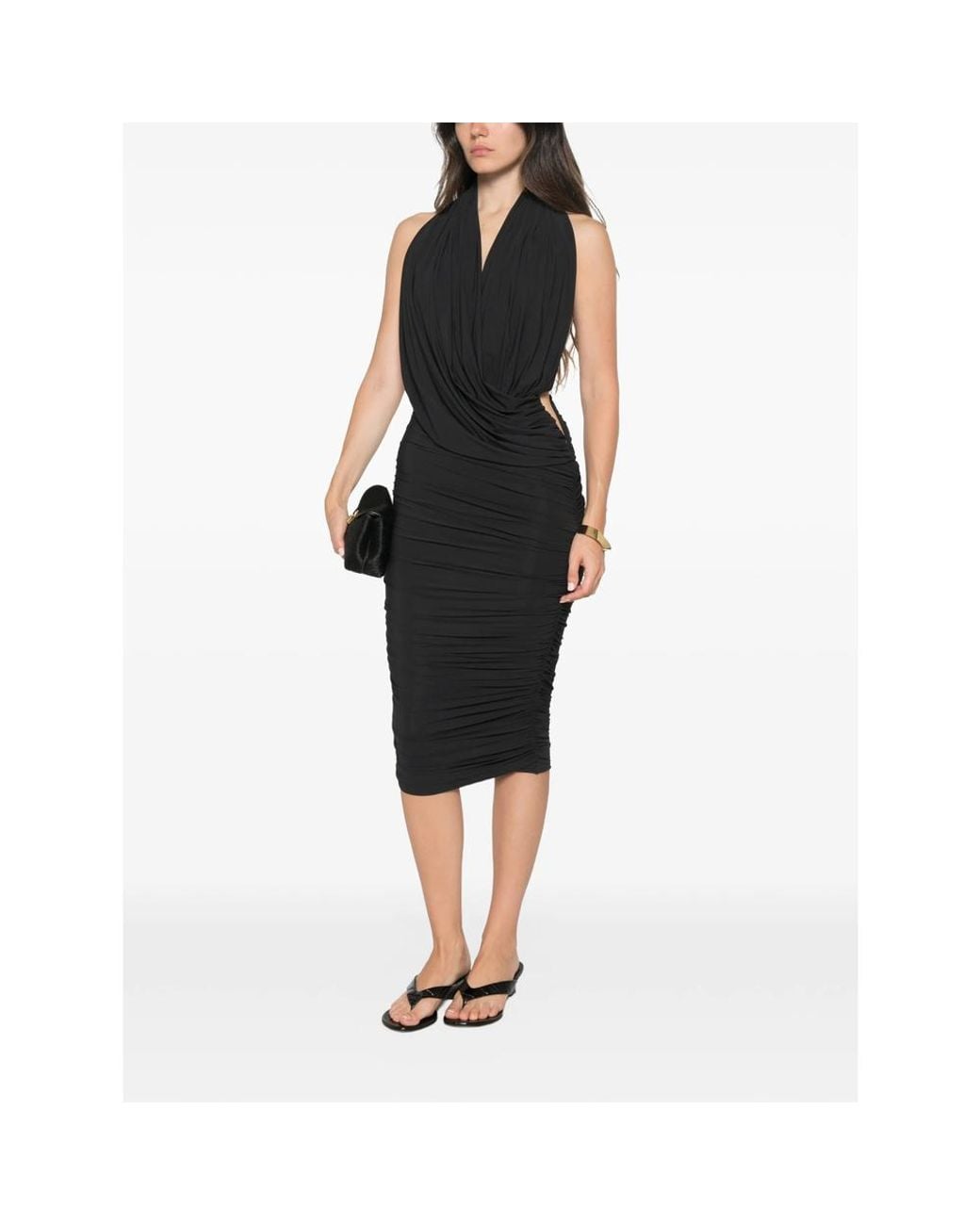 Amazuìn Black Manoon Ruched Halterneck Midi Dress