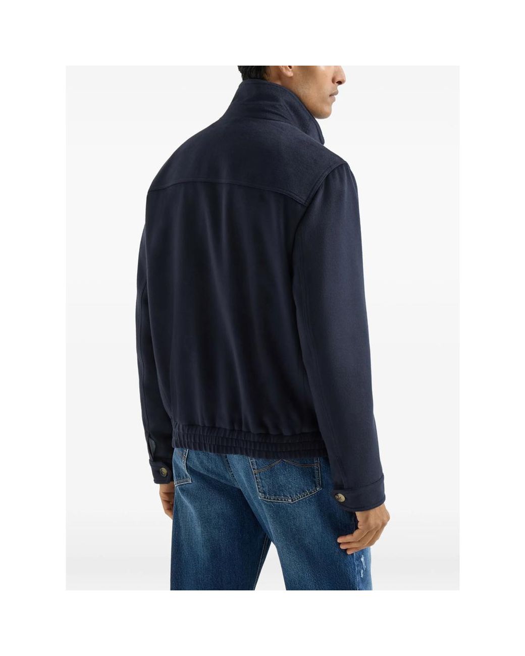Brunello Cucinelli Blue Virgin Wool Beaver Cloth Bomber Jacket With Zipper for men