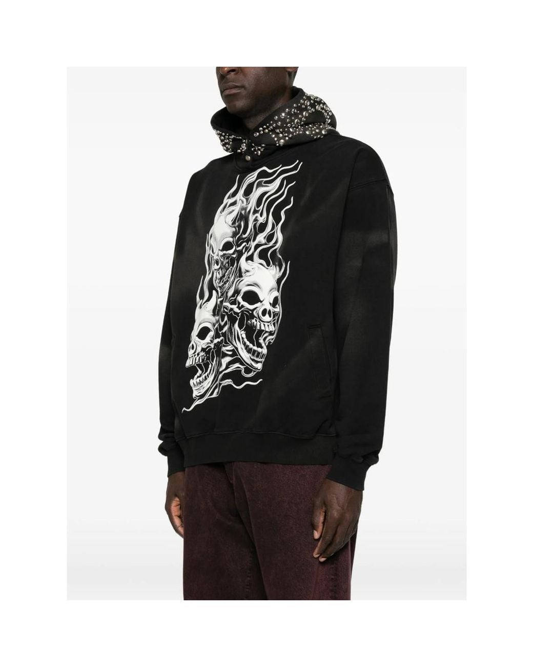 THUG CLUB Black Skull-Print Stud-Embellished Hoodie for men