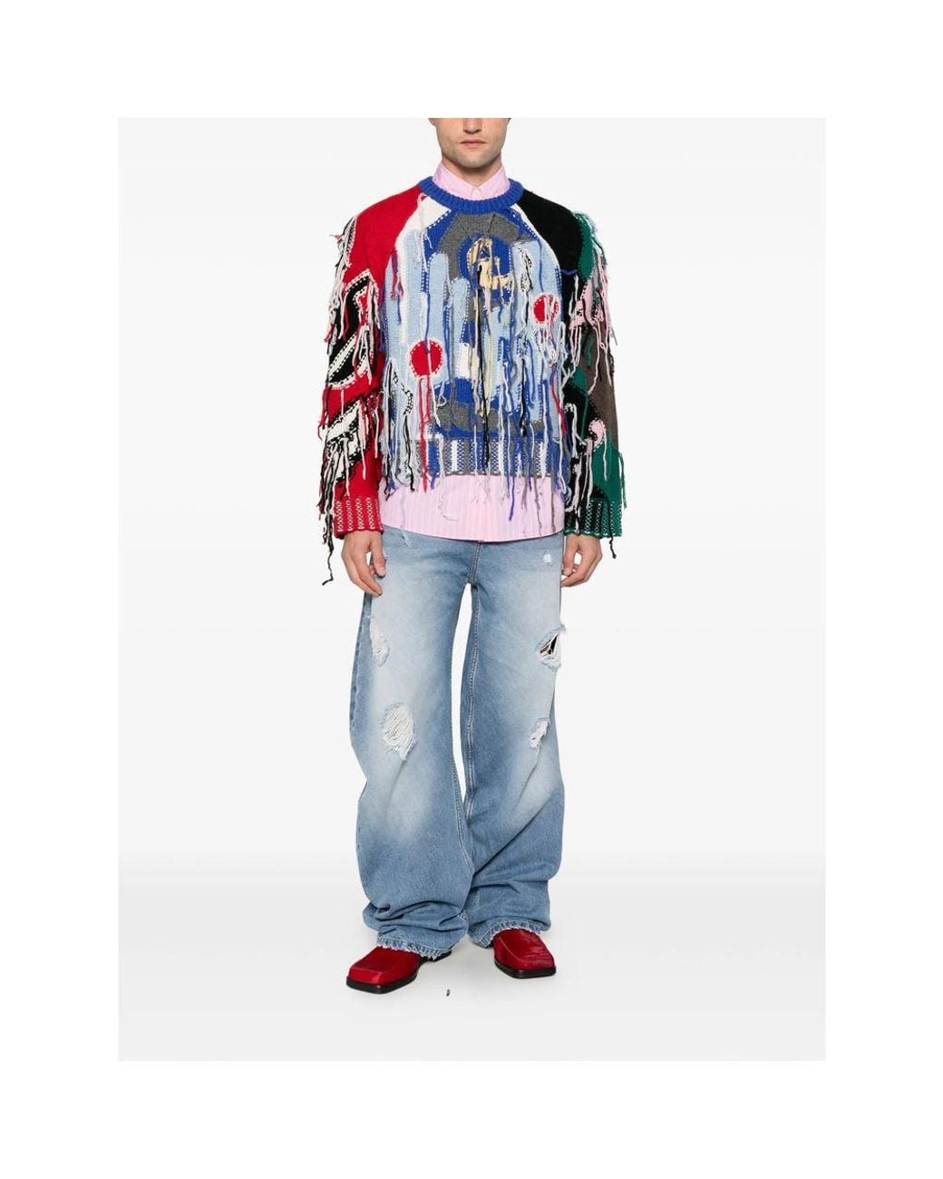 Charles Jeffrey Blue Guddle Fringe-Detail Intarsia-Knit Sweater for men