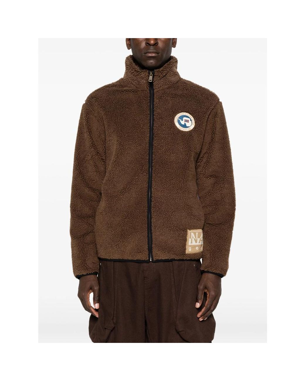 Napapijri Brown Fleece-Texture Logo-Patch Jacket for men