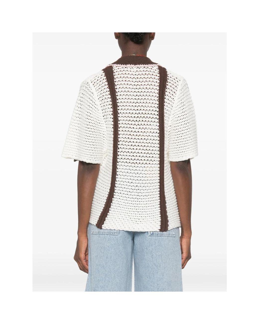 Stine Goya White Crochet-Knit Striped Cardigan