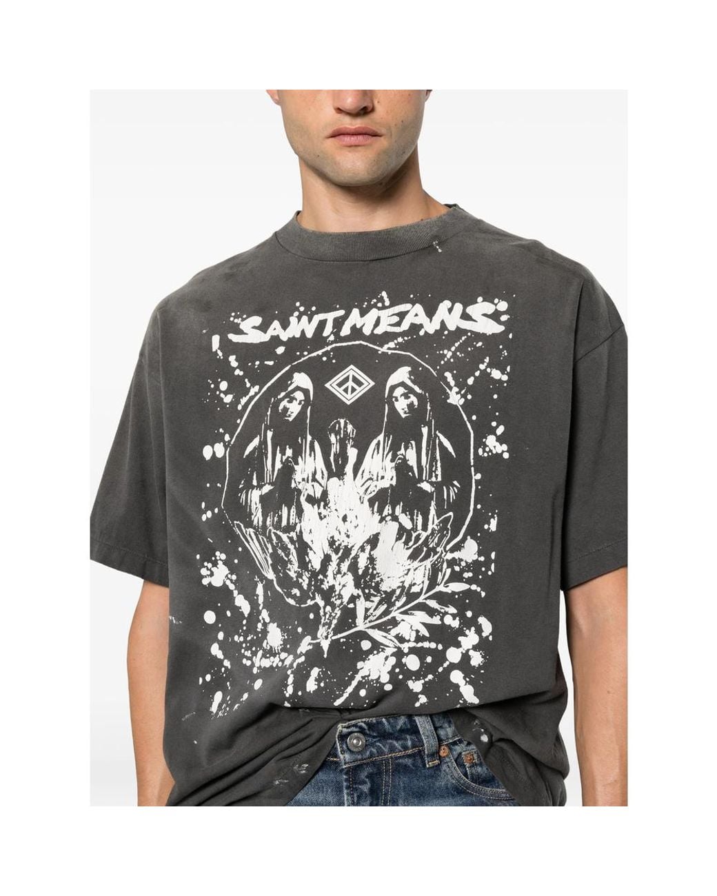 SAINT Mxxxxxx Black Graphic-Print Distressed T-Shirt for men
