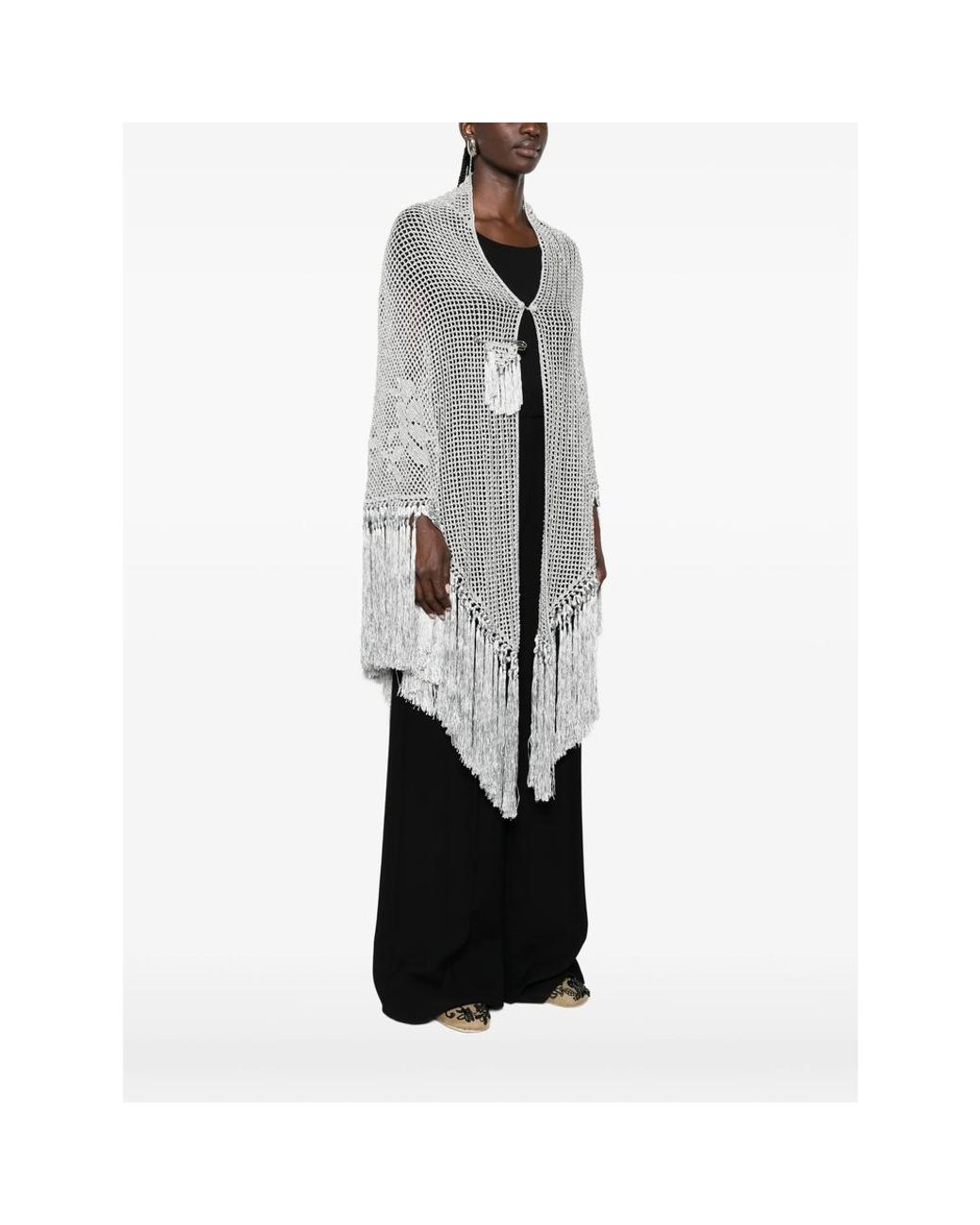 Chiara Is Gray Scialle Rosa Fringed-Trim Crochet-Knit Poncho