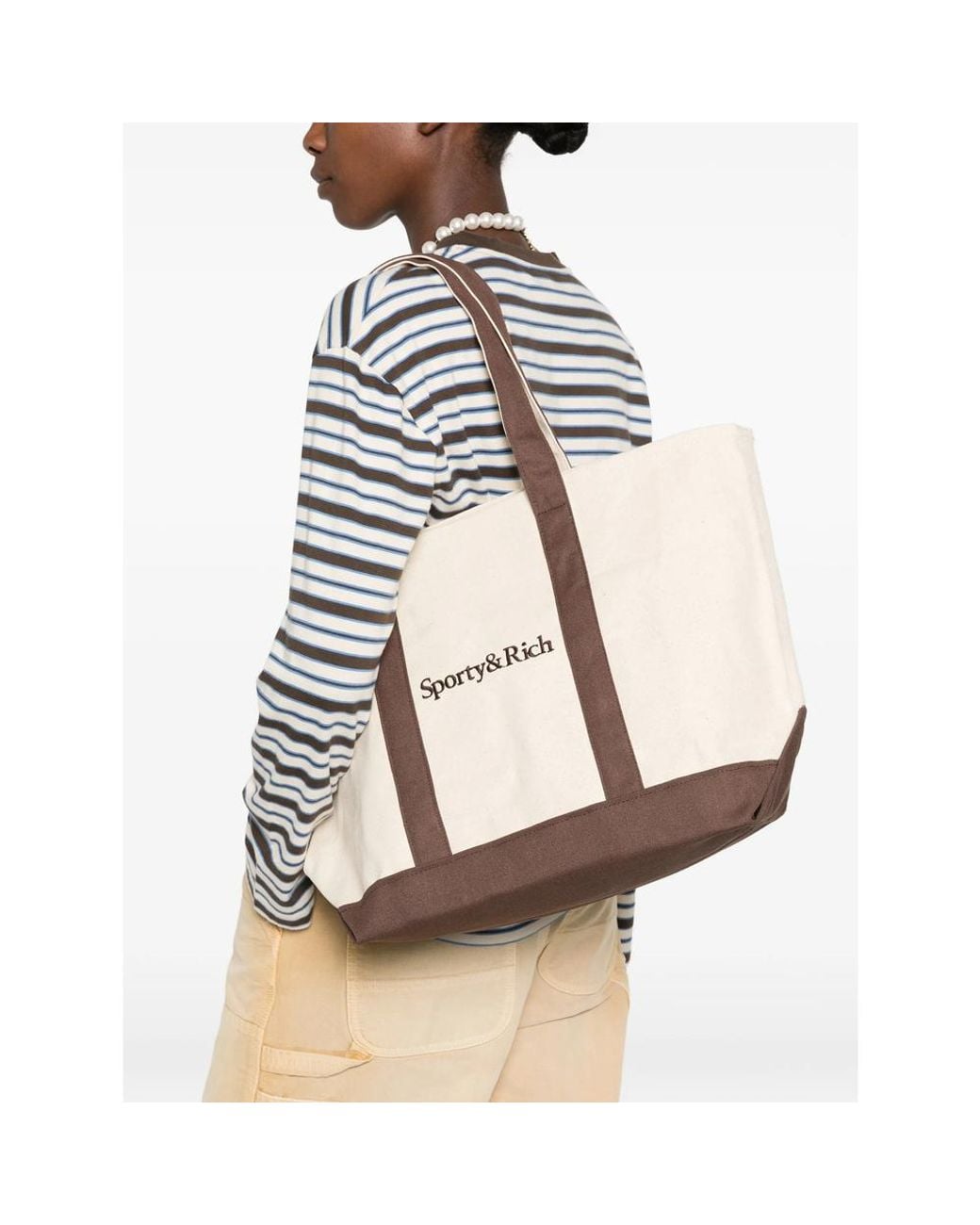 Sporty & Rich Natural Medium Mona Logo-Embroidered Tote Bag