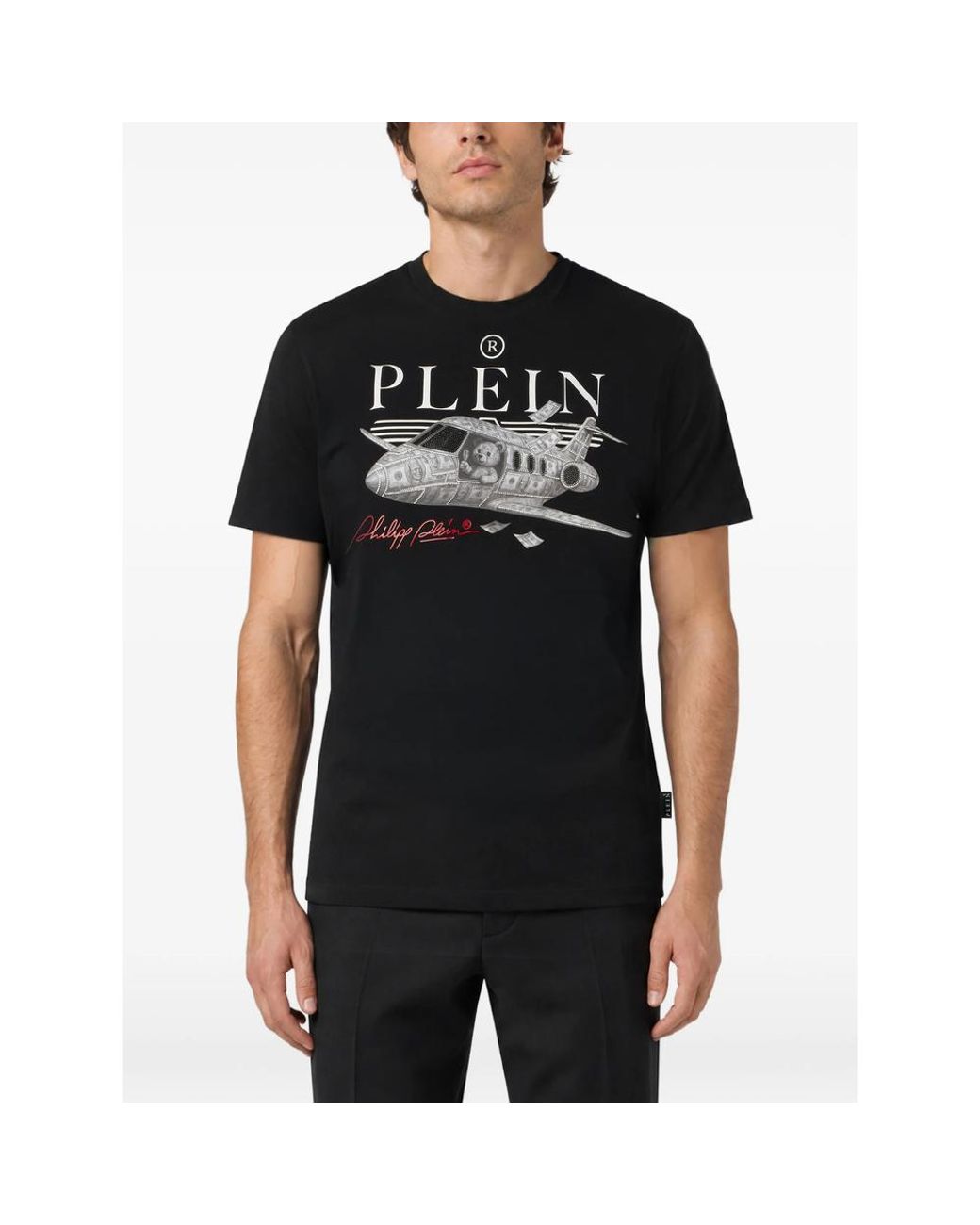 Philipp Plein Black Round Neck T-Shirt Teddy Plane Stones for men