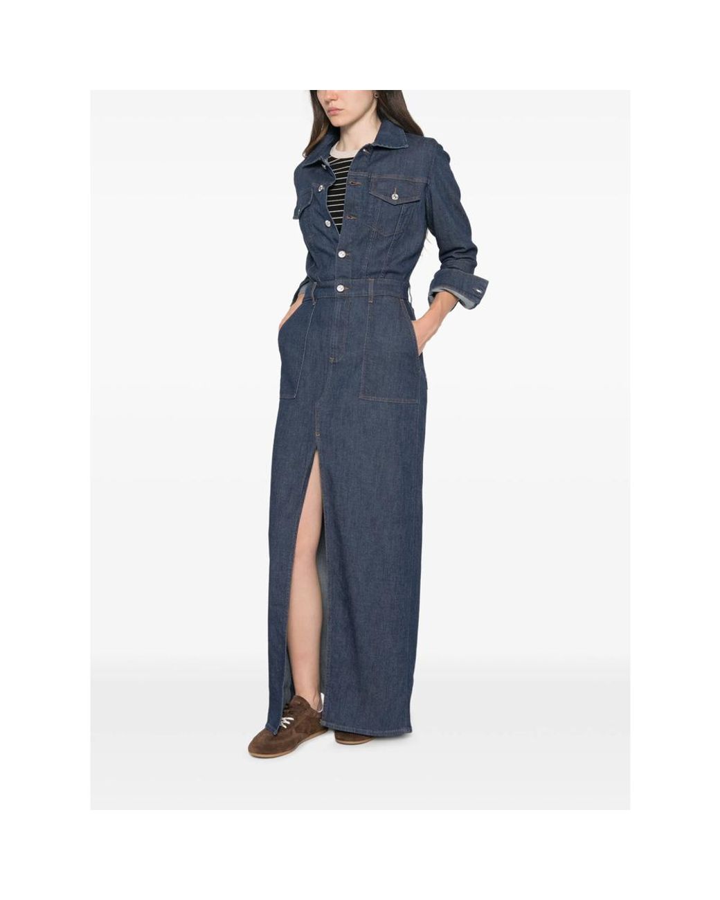 7 For All Mankind Blue Utility Front-Slit Maxi Denim Dress