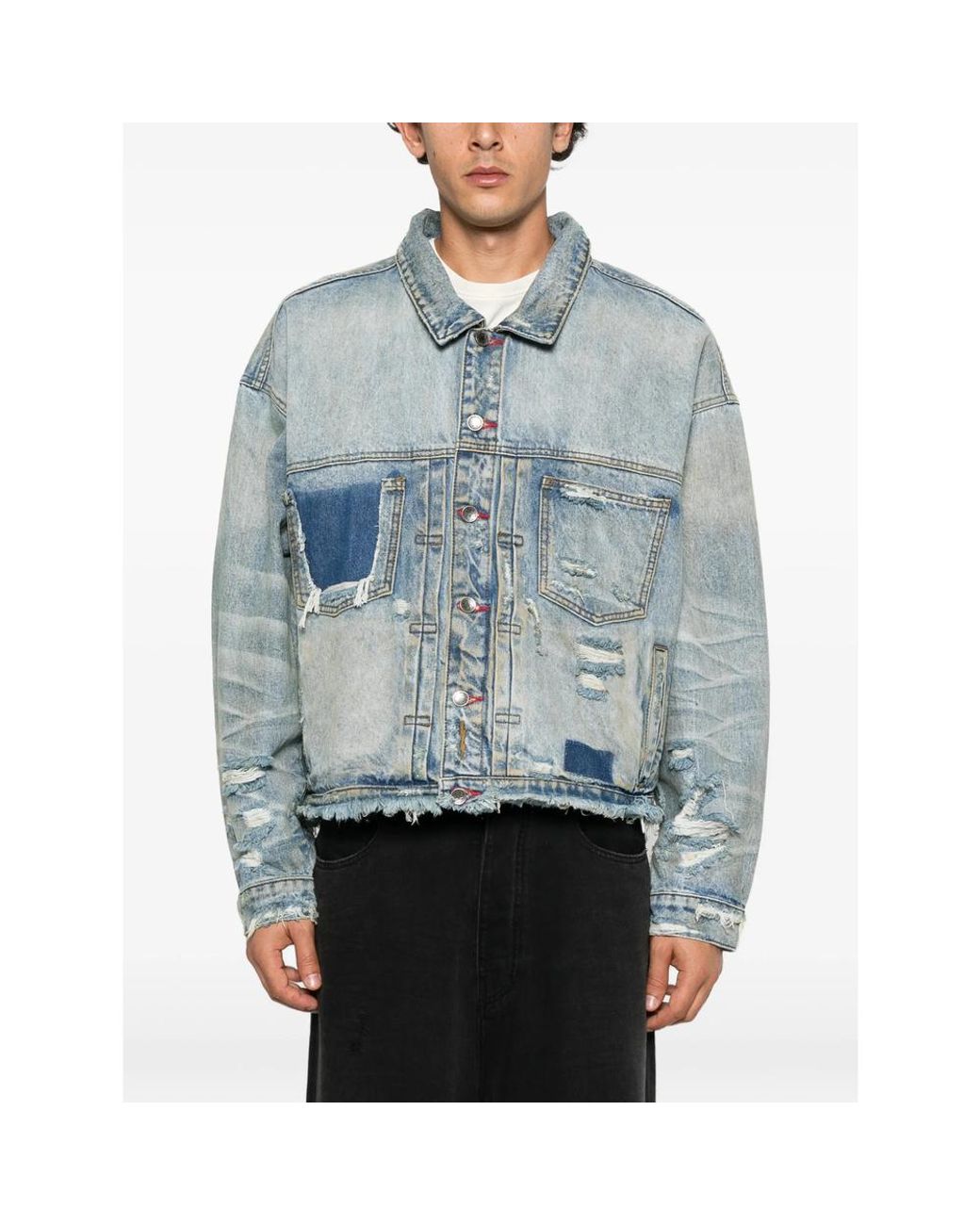 DIET STARTS MONDAY Blue Distressed Patchwork Denim Jacket for men