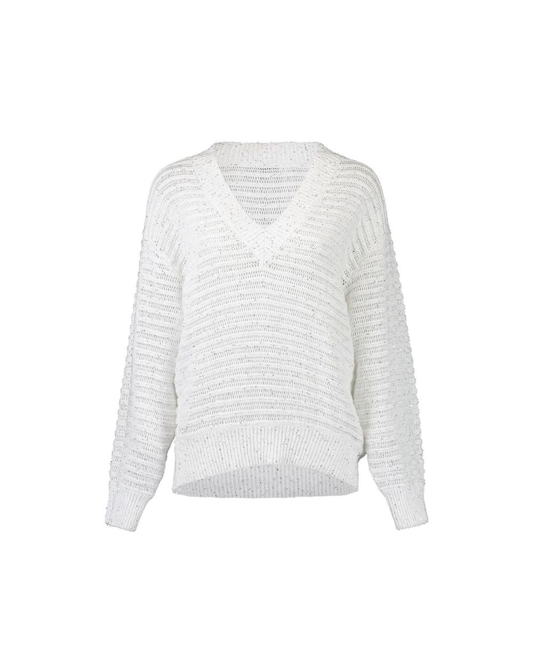 Brunello Cucinelli White Linen Diamond Yarn Sweater With Openwork Stripes