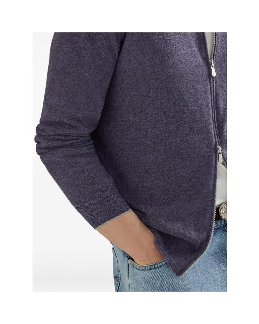 Brunello Cucinelli Blue Cashmere High-Neck Cardigan With Zipper for men