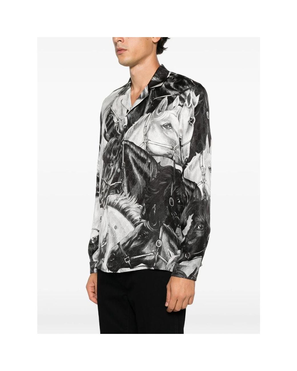 Gucci Black Horse-Print Silk Shirt for men
