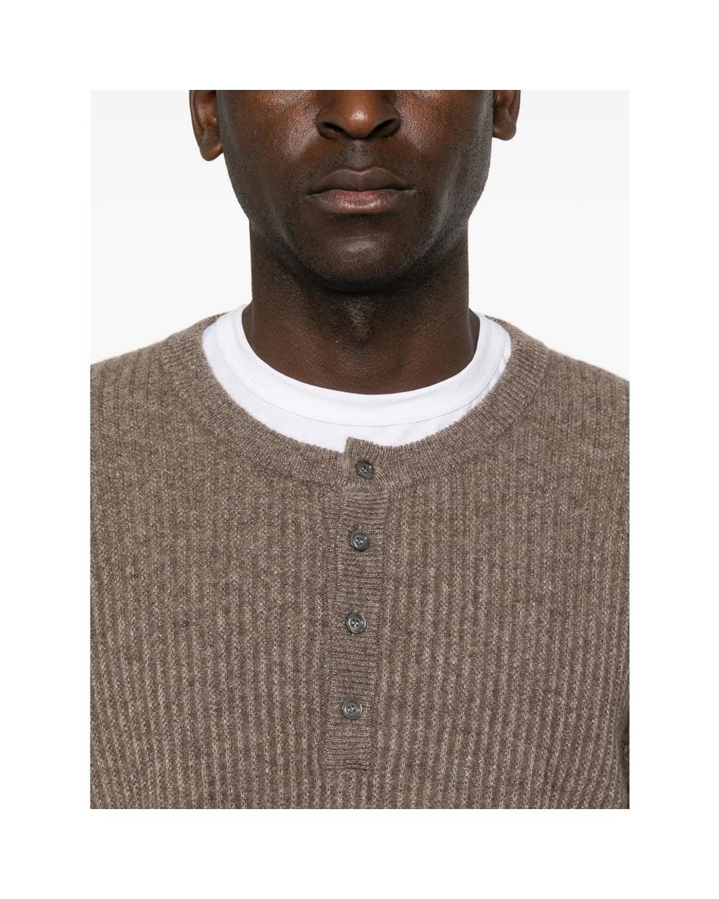 Roberto Collina Brown Ribbed-Knit Henley Sweater for men