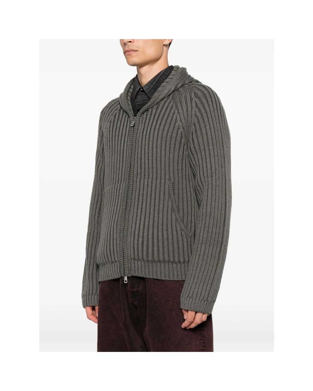 Our Legacy Gray Hooded Ribbed Knit Wool Sweatshirt Merino Sweater for men