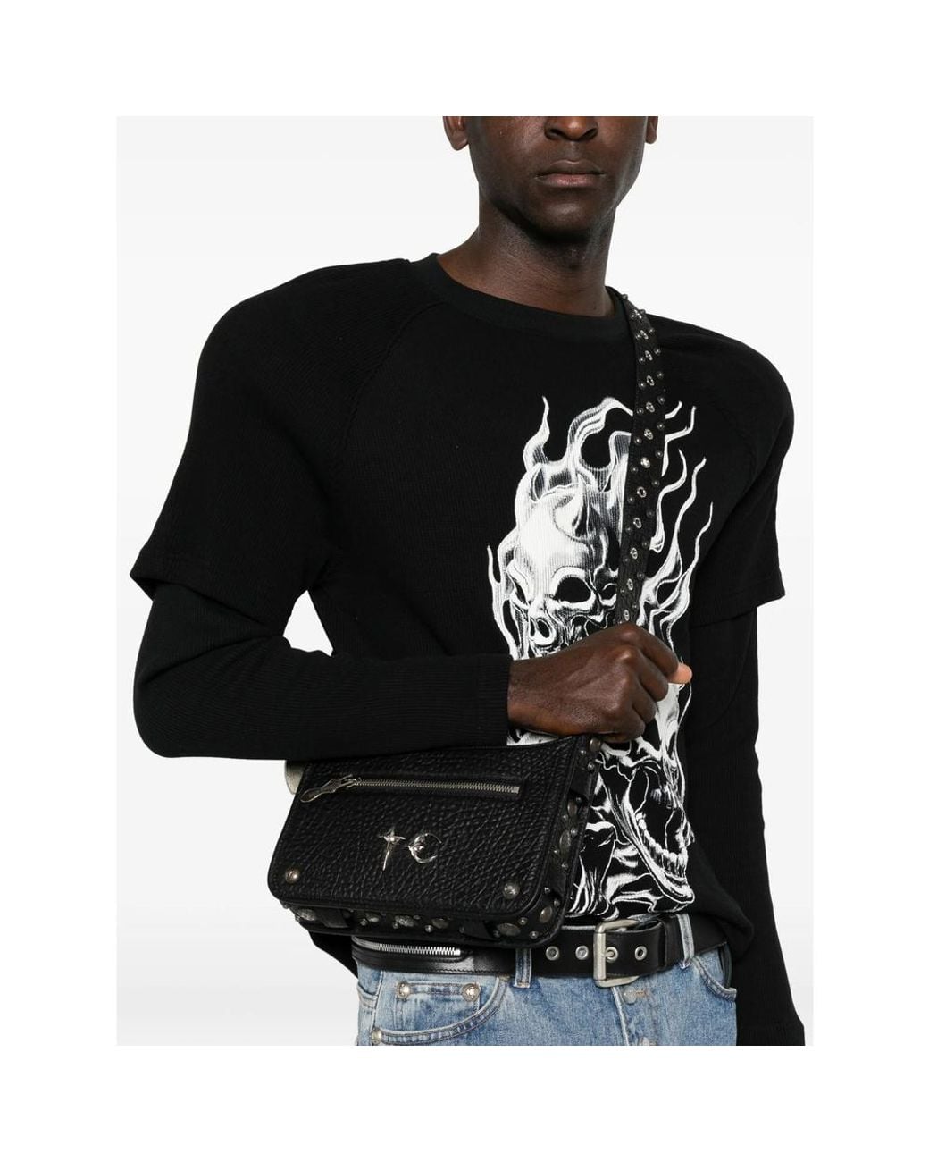 THUG CLUB Black Studded Leather Messenger Bag for men