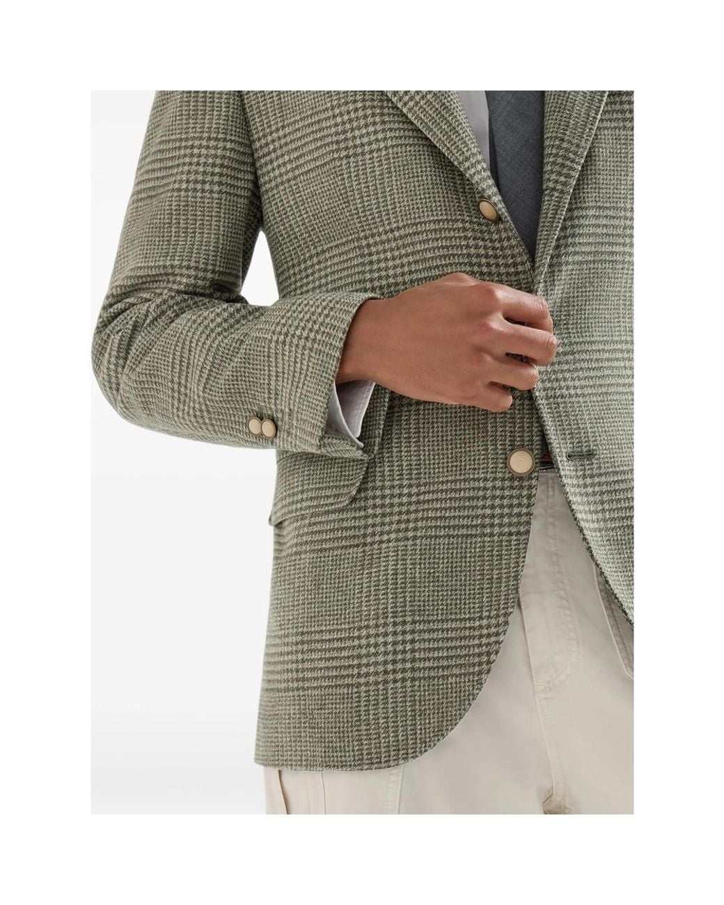 Brunello Cucinelli Green Comfort Wool And Cashmere Prince Of Wales Flannel Deconstructed Blazer for men