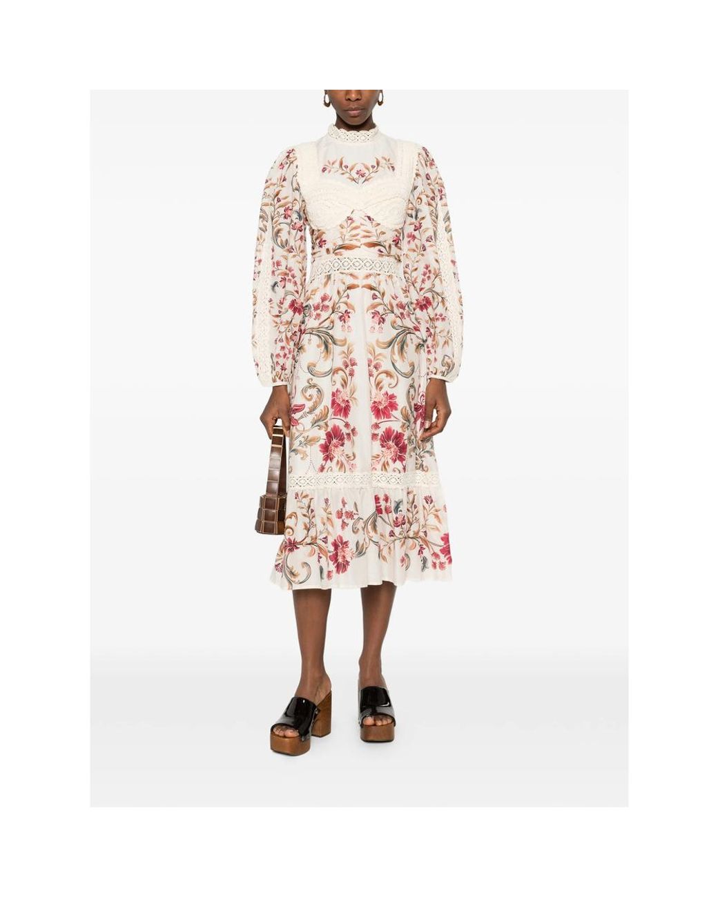 Farm Rio Pink Royal Garden Long Sleeve Crochet Midi Dress