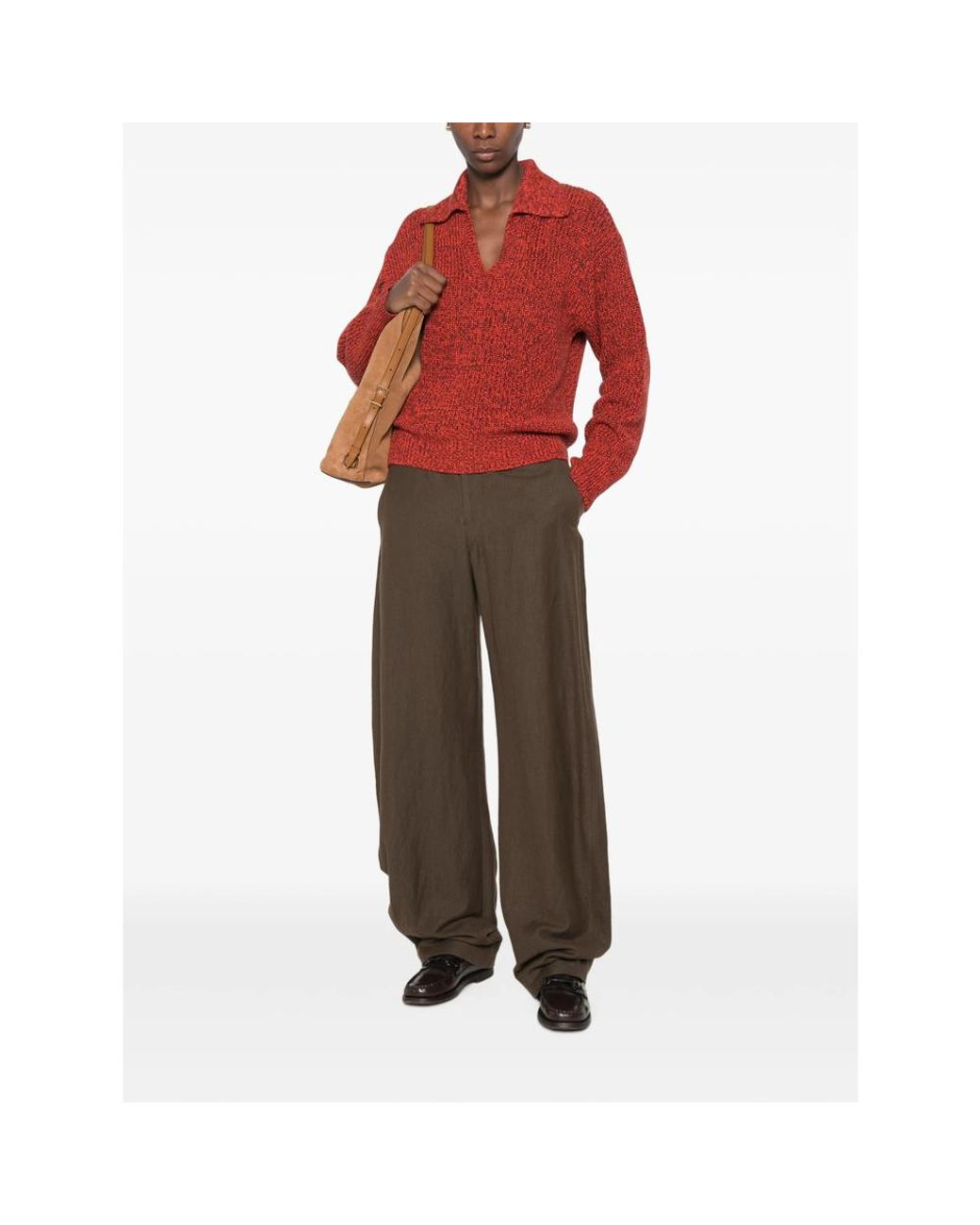 Tela Red Beni Marl-Knit V-Neck Sweater