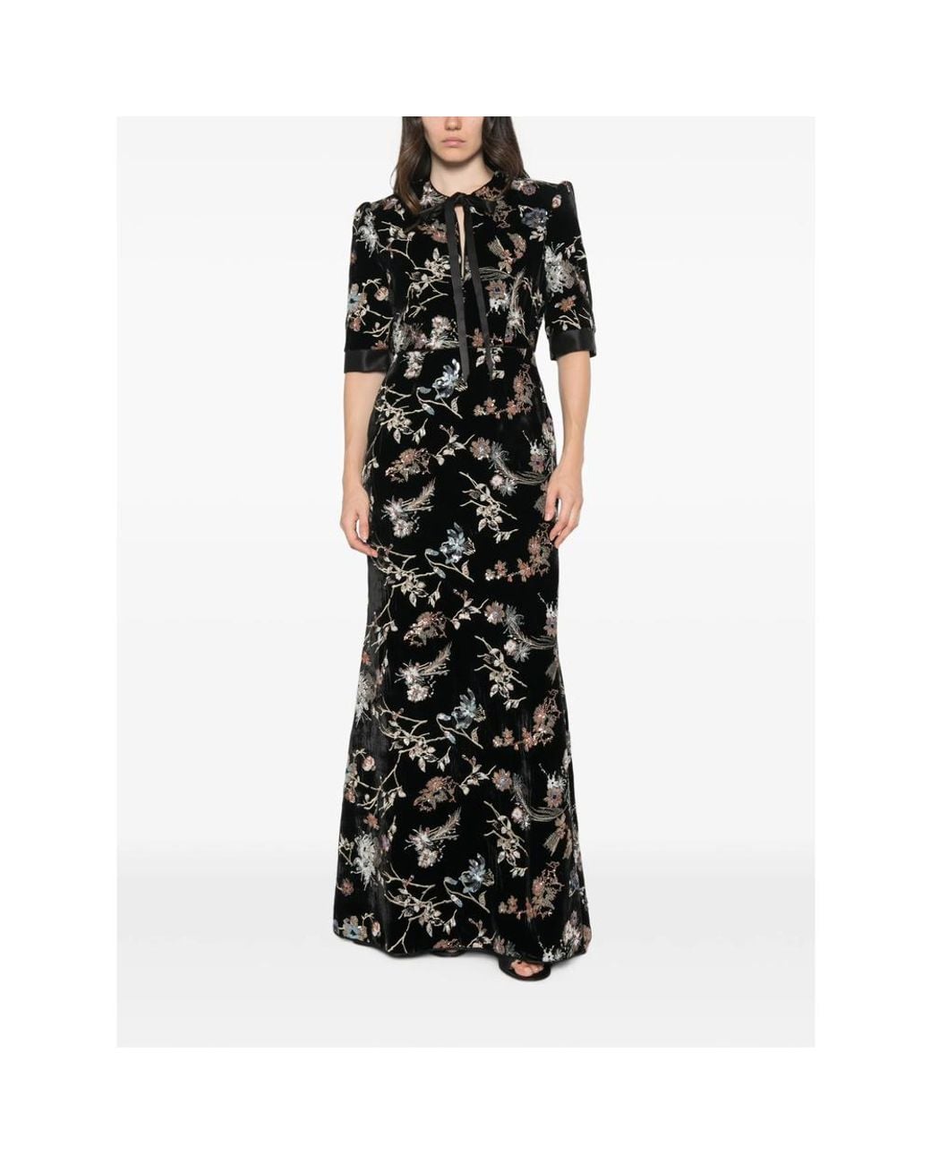 De Santis by Martin Alvarez Black Floral-Embroidered Velvet Maxi Dress
