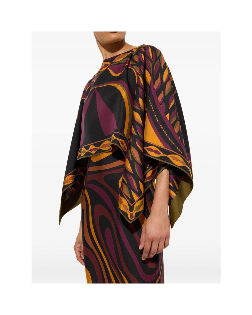 Emilio Pucci Brown Marmo Print Silk Dress With Cape