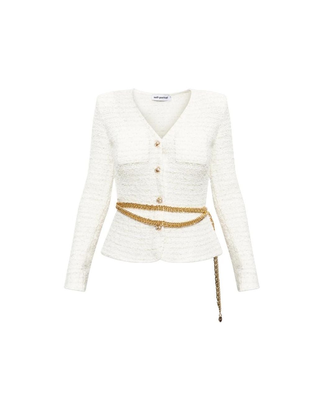 Self-Portrait White Belted Bouclé Cardigan