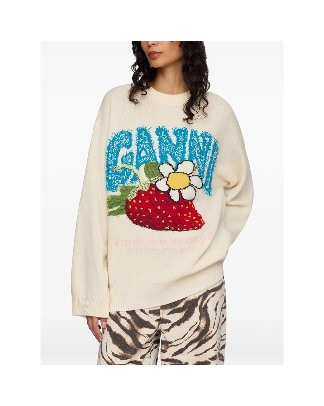 Ganni White Oversized Jumper With Strawberry