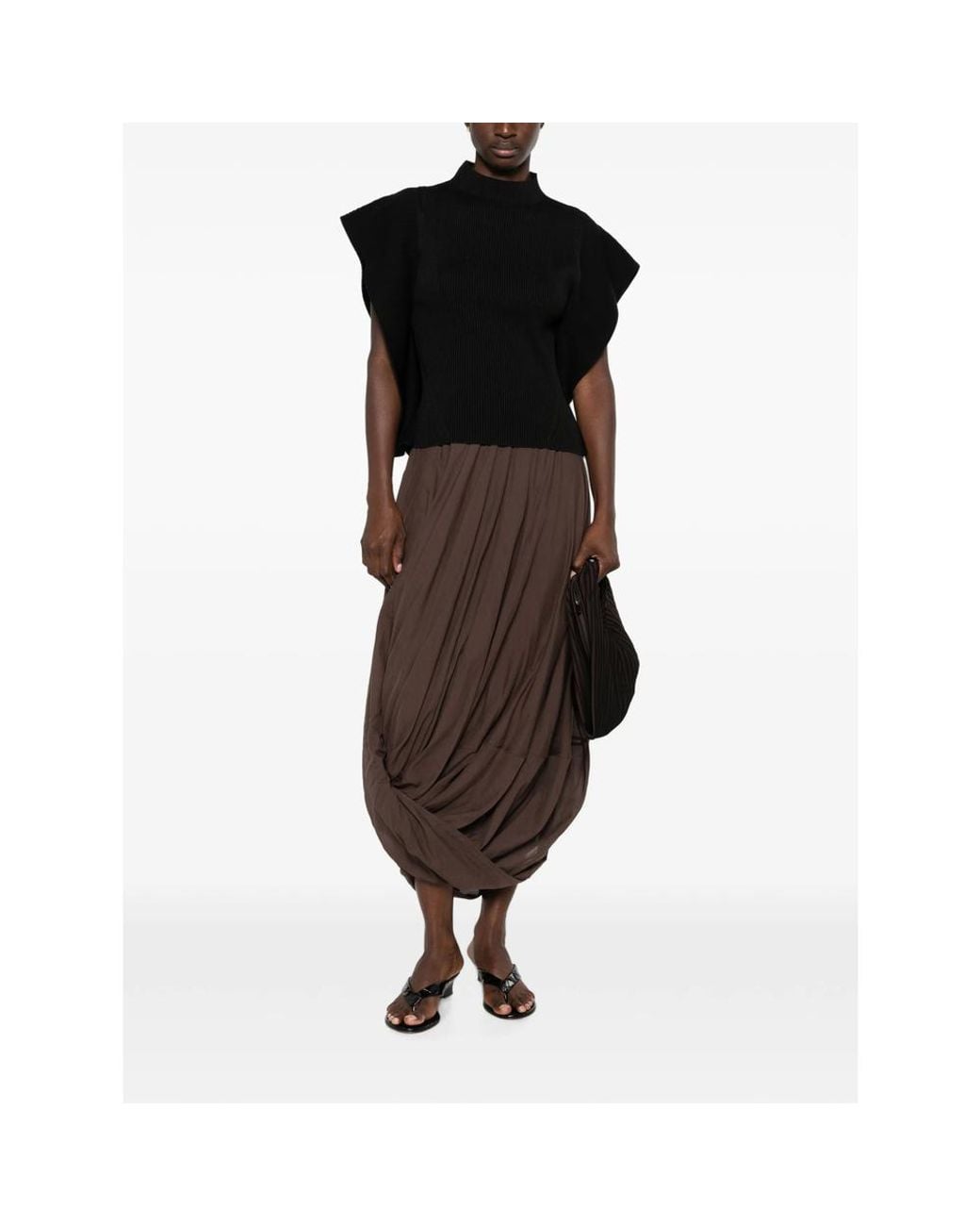 CFCL Black Portrait Ruffled-Sleeves Ribbed Top