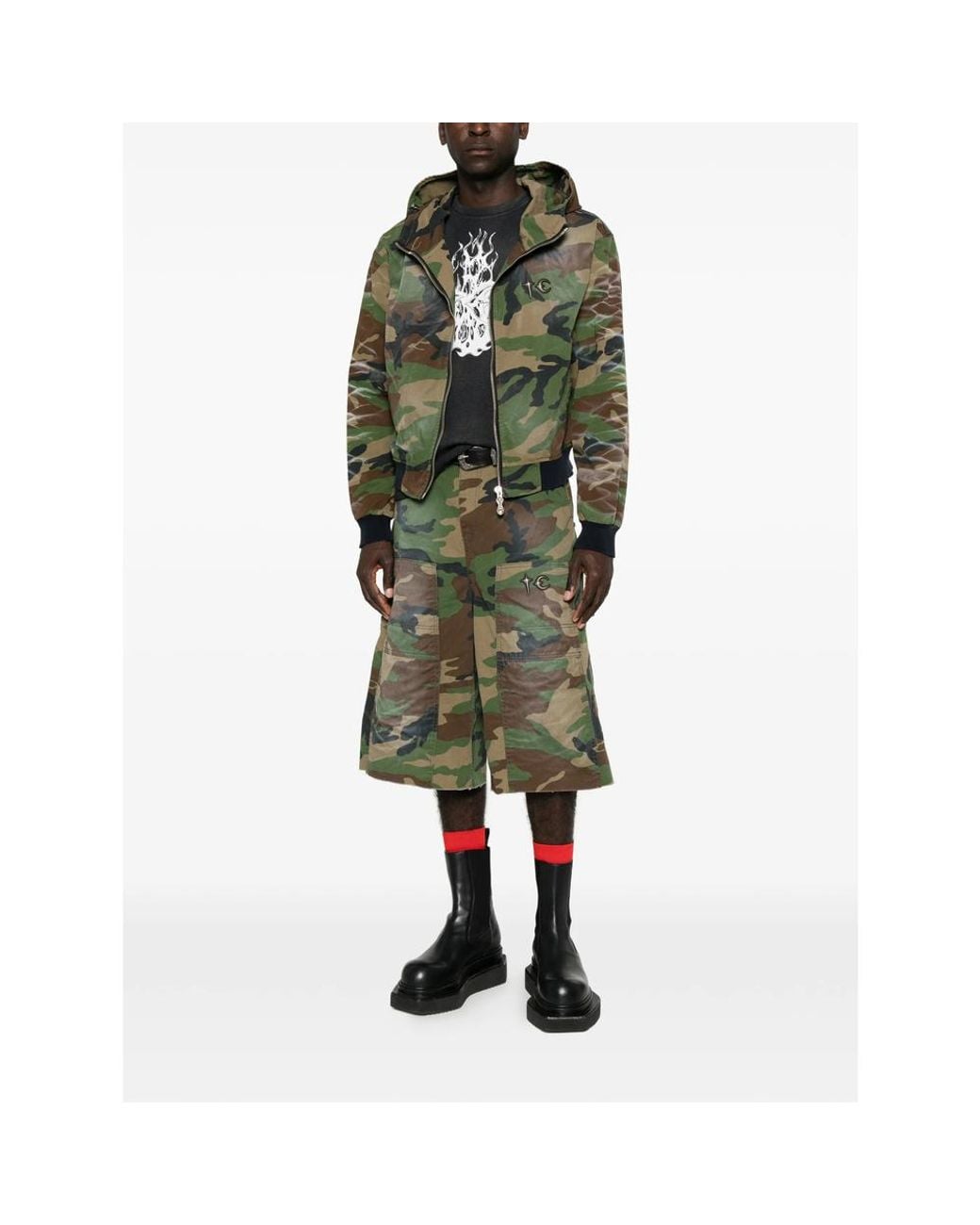 THUG CLUB Green Camouflage-Print Skull-Print Hooded Jacket for men