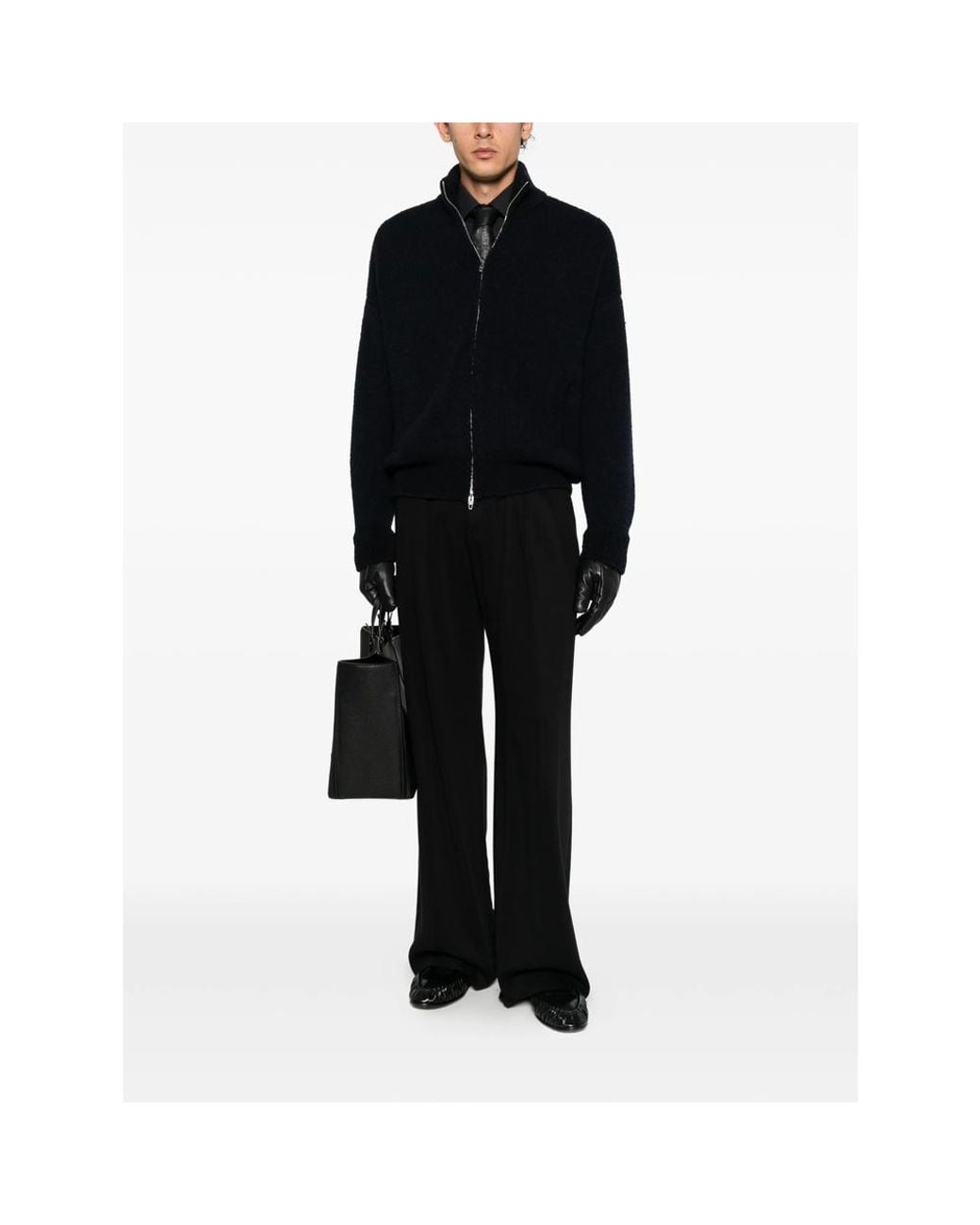 Umit Benan Black Suvretta Zip-Up Ribbed-Knit Cardigan for men