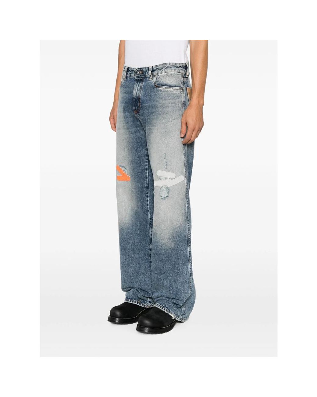 PDF Blue Distressed Graphic-Print Straight-Leg Jeans for men