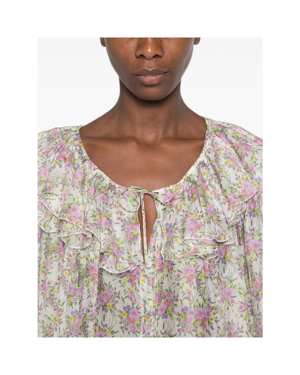 Raquel Diniz Gray Floral-Print Ruffled Blouse