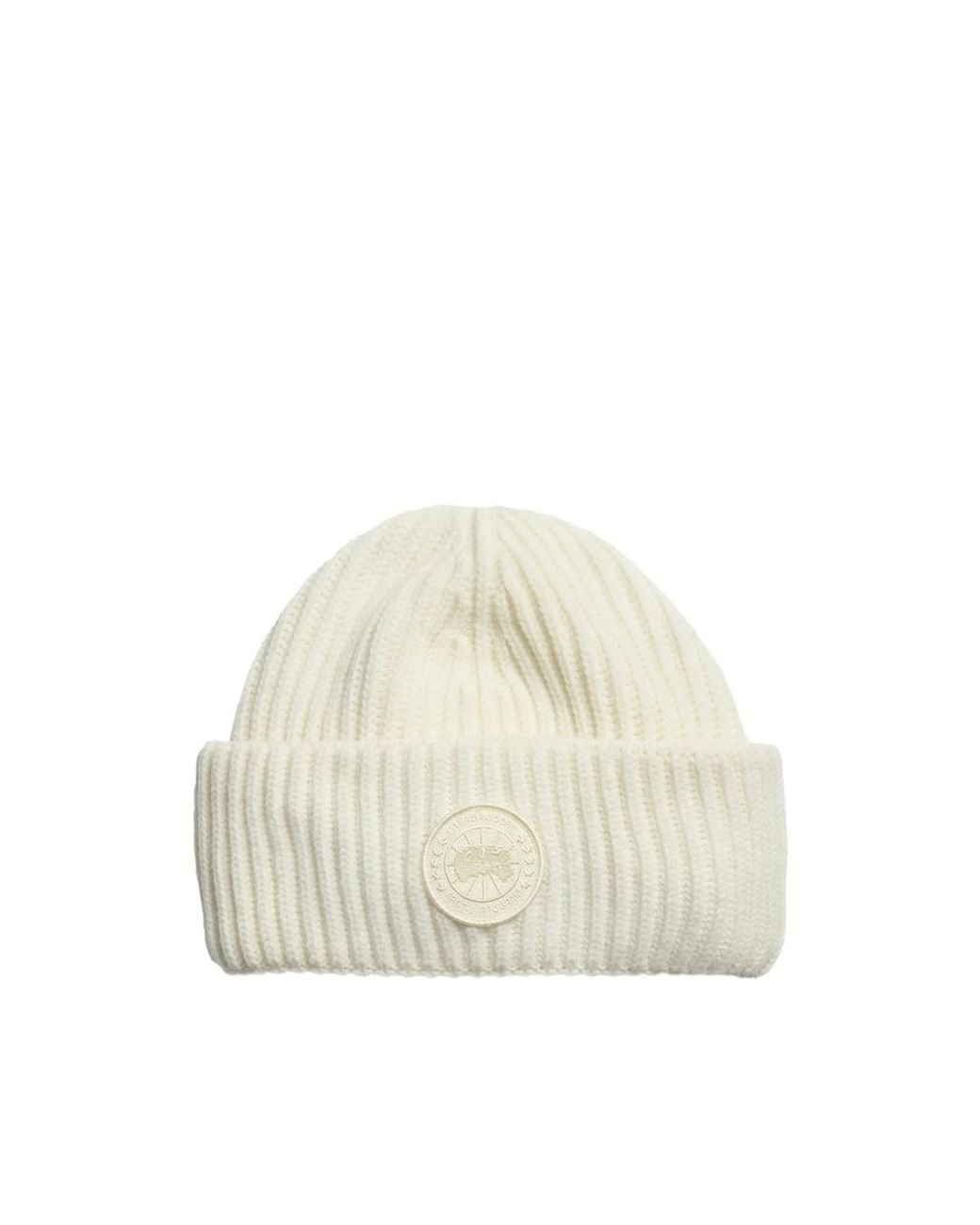 Canada Goose White Logo-Patch Ribbed-Knit Beanie Hat