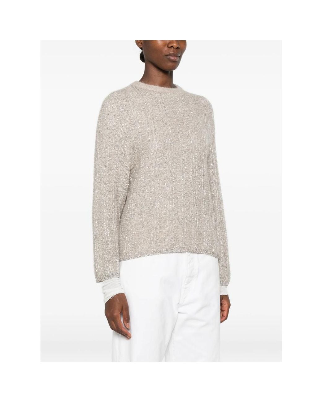 Panicale Cashmere White Sequin-Embellished Ribbed-Knit Sweater