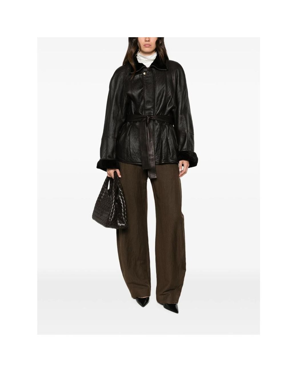Petar Petrov Black Belted Shearling-Collar Jacket