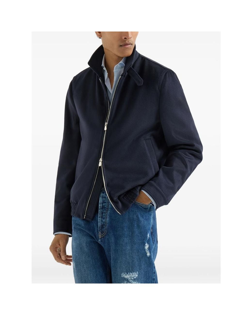Brunello Cucinelli Blue Virgin Wool Beaver Cloth Bomber Jacket With Zipper for men