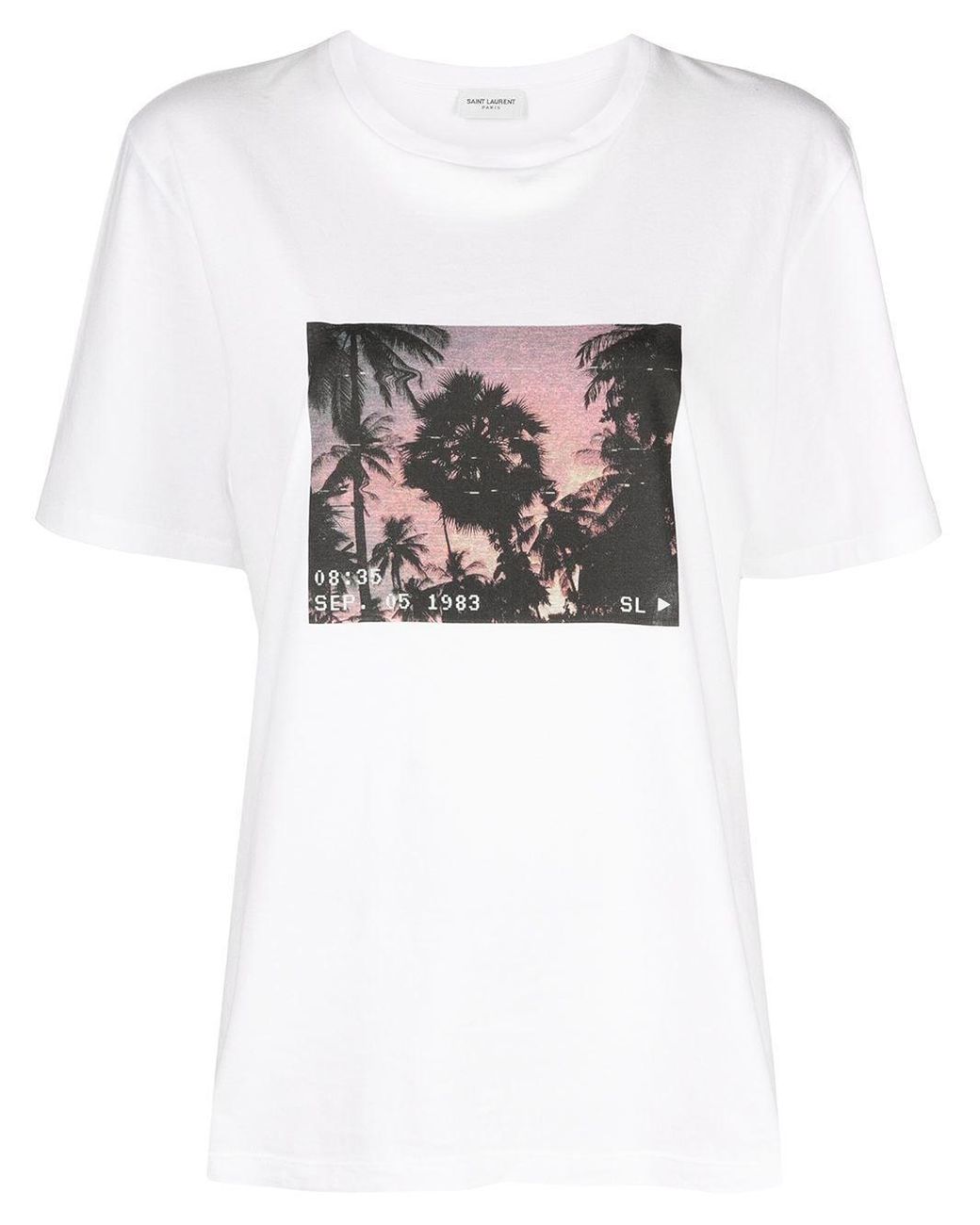 Saint Laurent Cotton Palm Tree-print T-shirt in White - Lyst