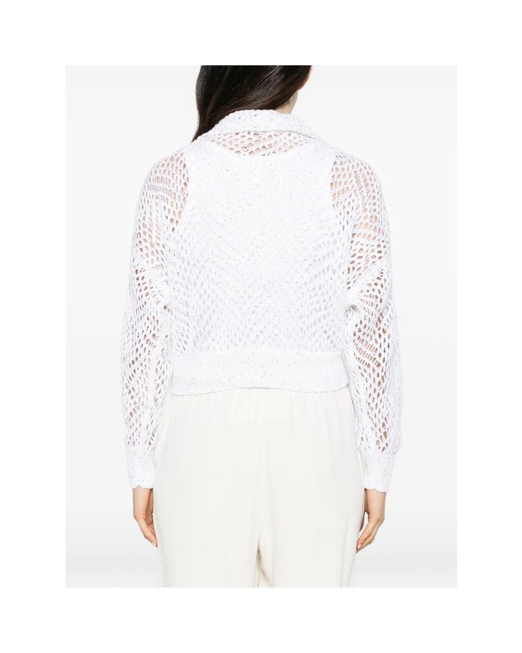 Brunello Cucinelli White Sequin-Embellished Open-Knit Cardigan