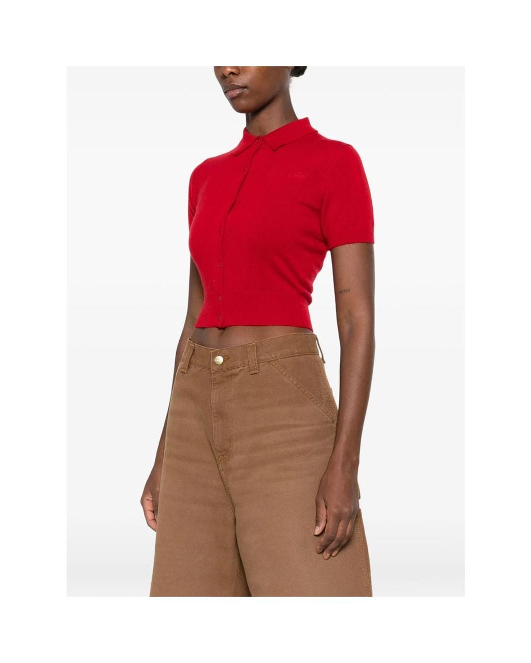 Sporty & Rich Red Jannie Short-Sleeve Button-Up Cardigan