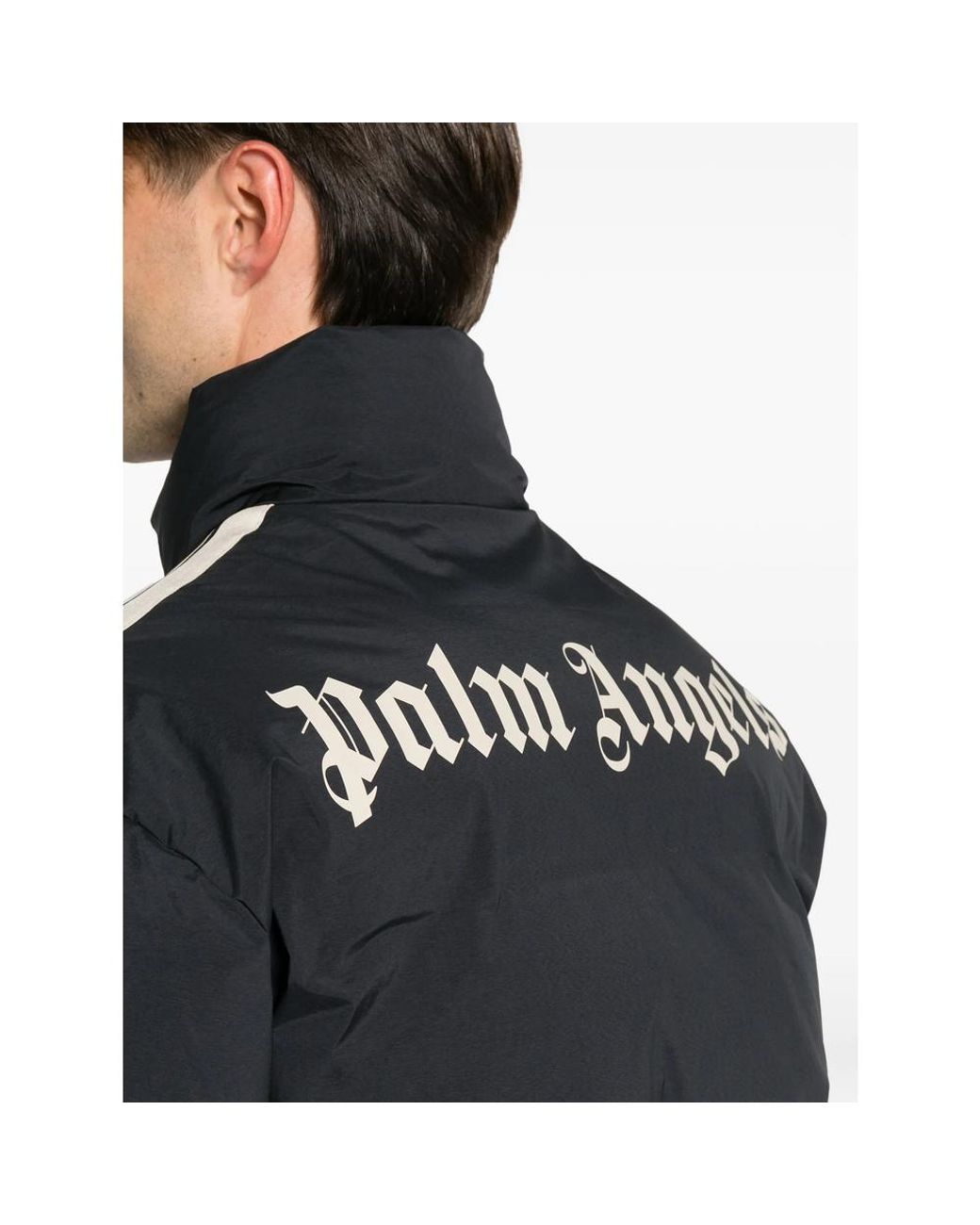 Palm Angels Black Logo-Print Side-Stripe Puffer Jacket for men