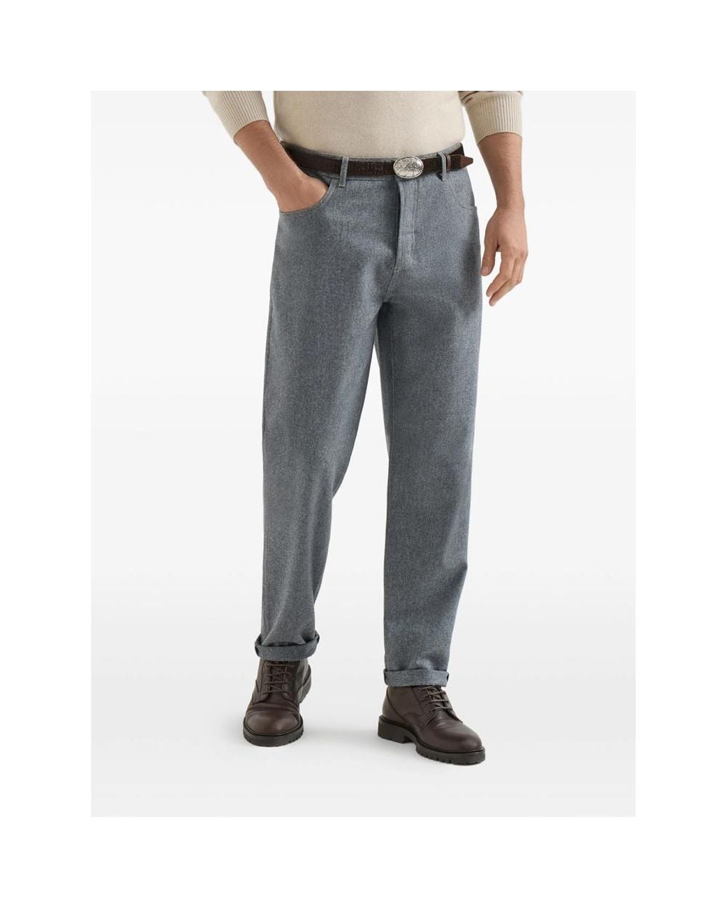 Brunello Cucinelli Gray Virgin Wool Flannel Five-Pocket Trousers for men