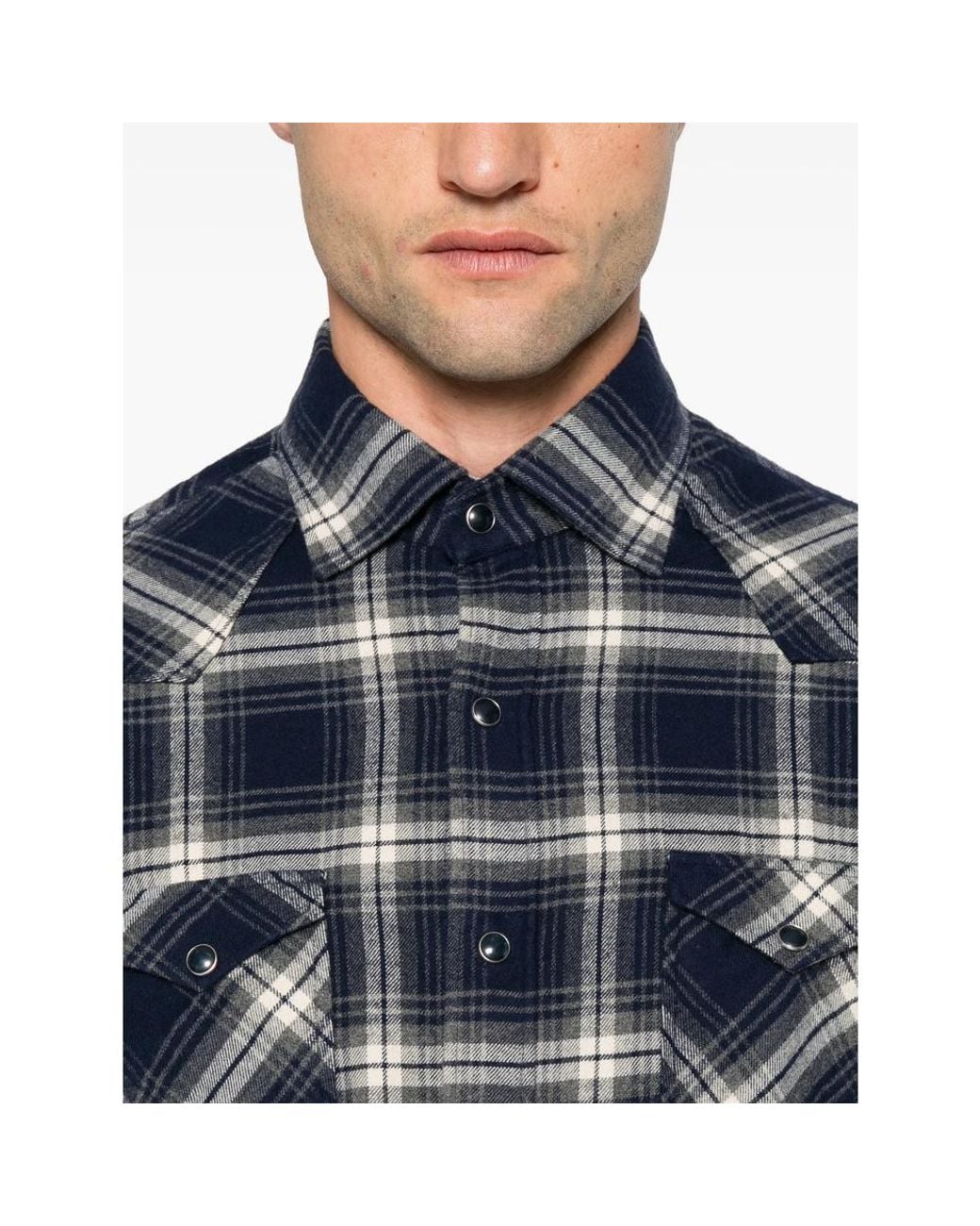 Barba Napoli Blue Check-Pattern Western-Style Shirt for men