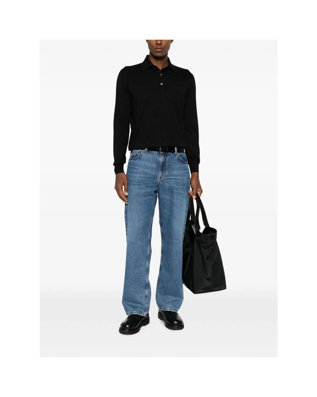 Fedeli Black Long-Sleeve Polo Sweater for men