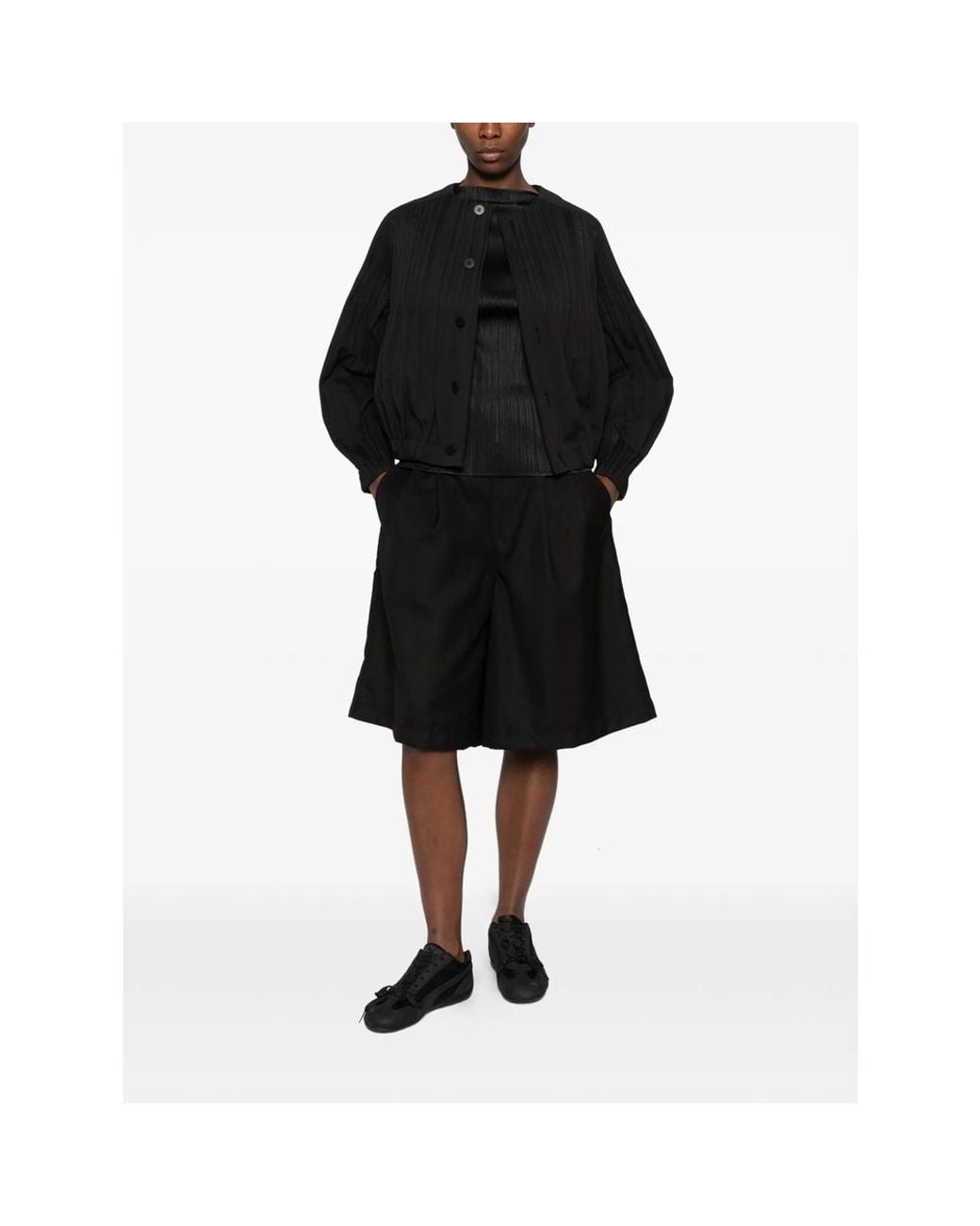 Pleats Please Issey Miyake Black Pleated Button-Up Jacket