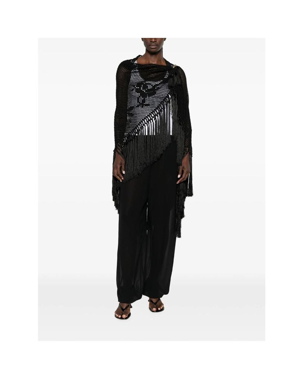 Chiara Is Black Scialle Rosa Crochet Fringe-Trimmed Poncho