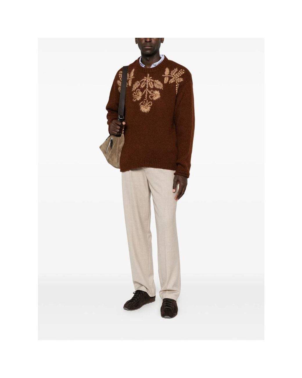 BAZISZT Brown Floral-Embroidered Chunky-Knit Sweater for men