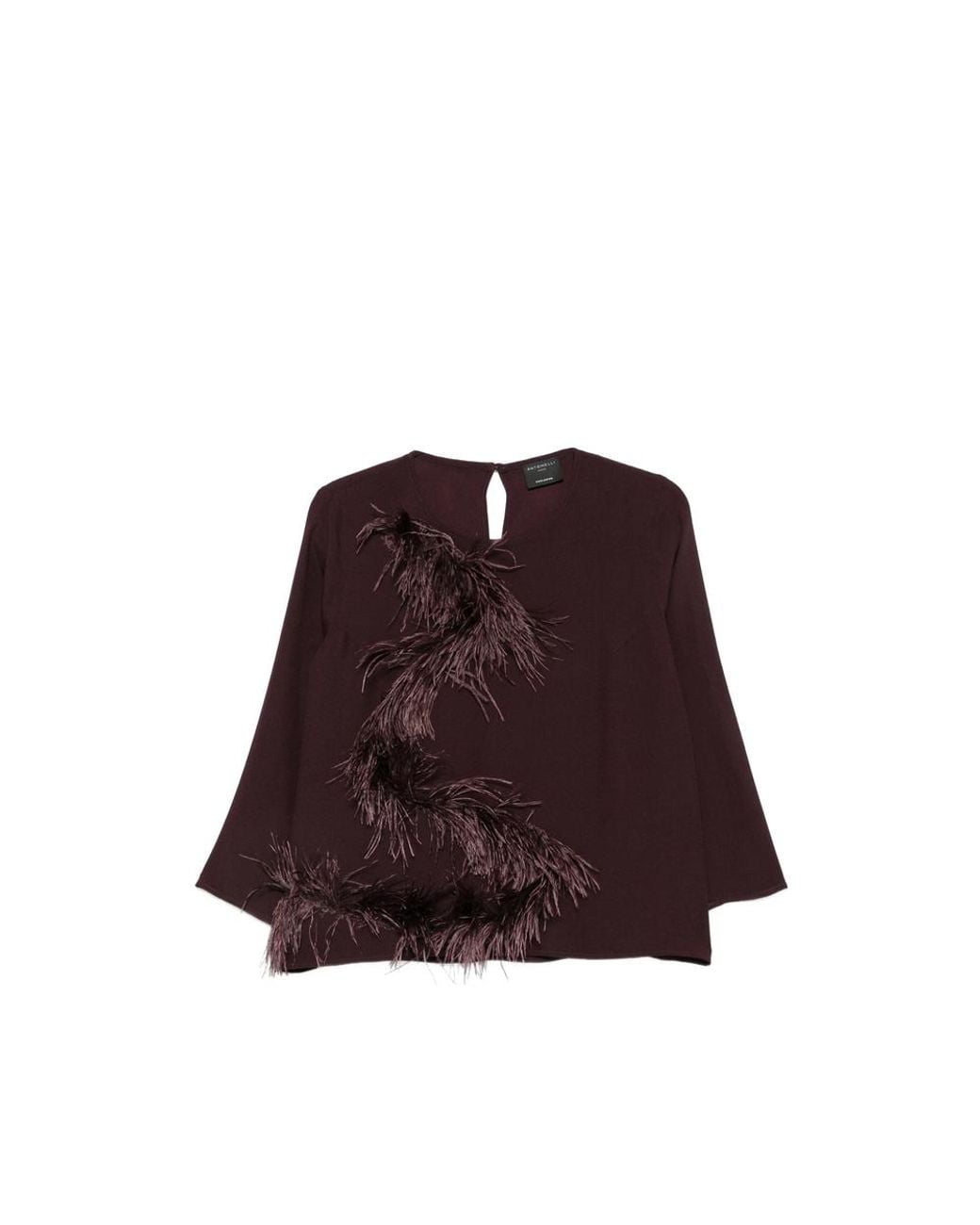 Antonelli Brown Feather-Trim Long-Sleeve Top