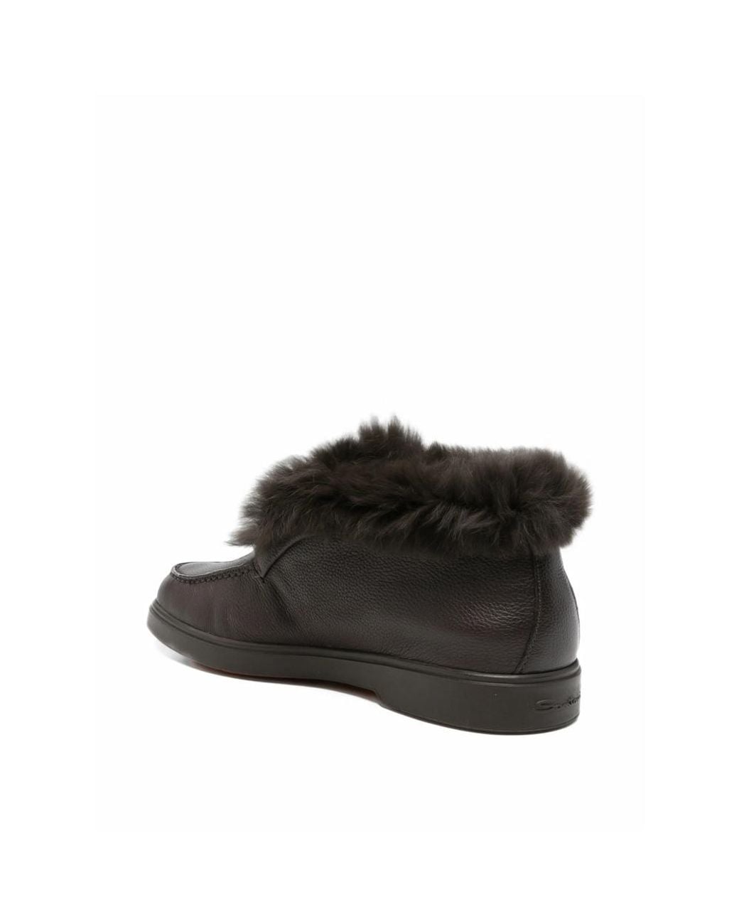 Santoni Black Shearling-Trim Pebbled Leather Loafers