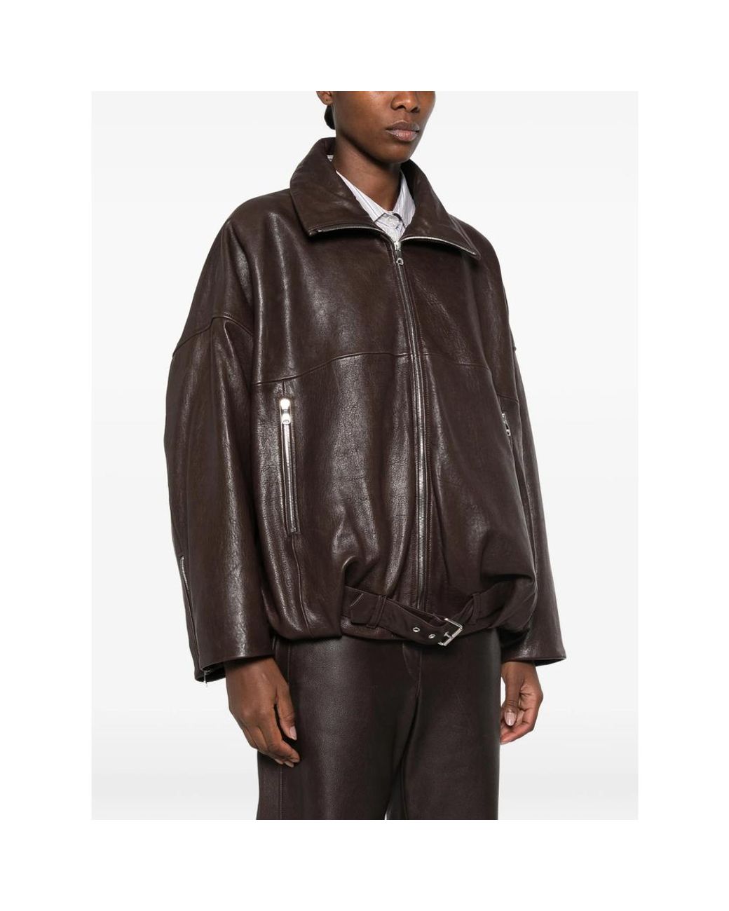 Emmeci Brown Belted Oversized Leather Jacket
